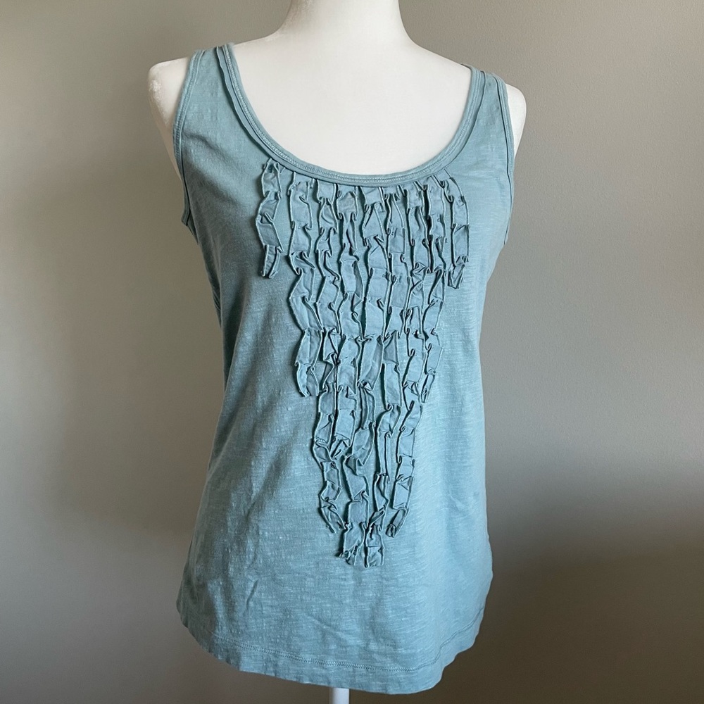 EDDIE BAUER Greenish-Blue Ruffle Front Tank Top, Light Blue Tank, Medium